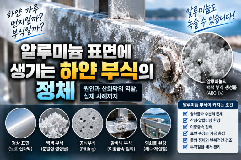 알루미늄 표면에 생기는 하얀 부식의 정체 | 원인과 산화막의 역할 8 Aluminum white corrosion showing oxide film breakdown, chloride attack, pitting, galvanic corrosion, and white corrosion products