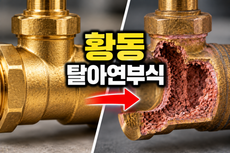 황동이 변색되고 부식되는 원인과 환경 | 탈아연부식 구분 방법 3 황동 부품에서 아연이 선택적으로 빠져나가 붉거나 분홍빛의 다공성 구조가 남는 탈아연부식을 표현한 이미지