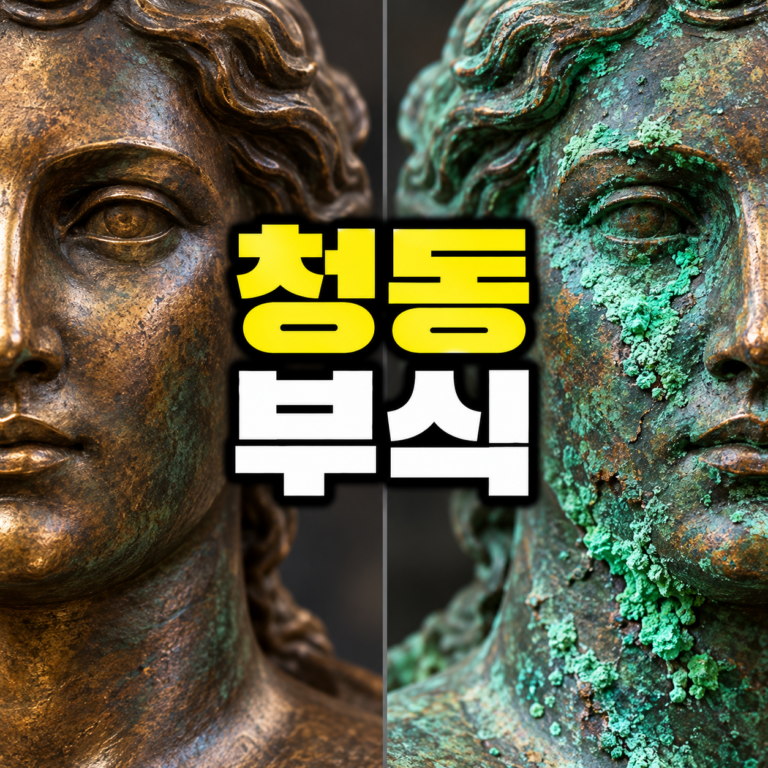 청동 표면에 형성되는 부식 생성물의 특징 | 안정적 파티나와 활성부식 구분 2 청동 표면의 안정적인 갈색 파티나와 밝은 녹색 활성부식을 비교한 이미지