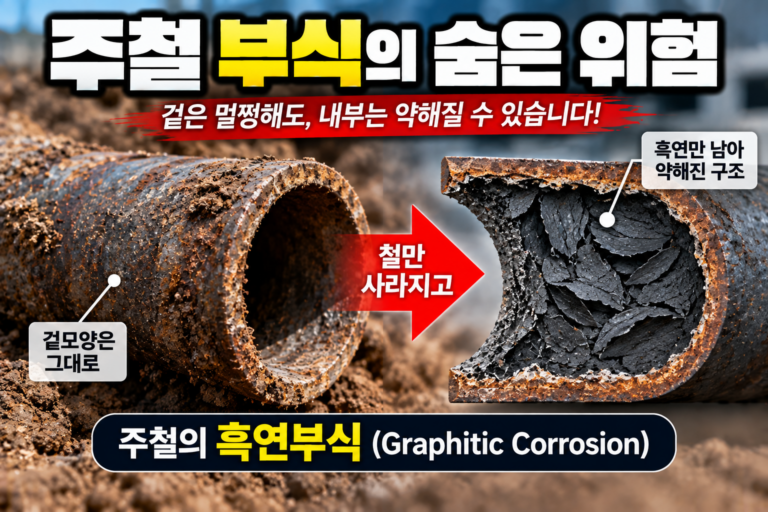 주철에서 발생하는 부식의 특징과 진행 과정 | 흑연부식 원리 4 주철 배관에서 철 성분이 선택적으로 빠져나가 겉모양은 남아 있어도 내부 강도가 약해지는 흑연부식을 표현한 이미지