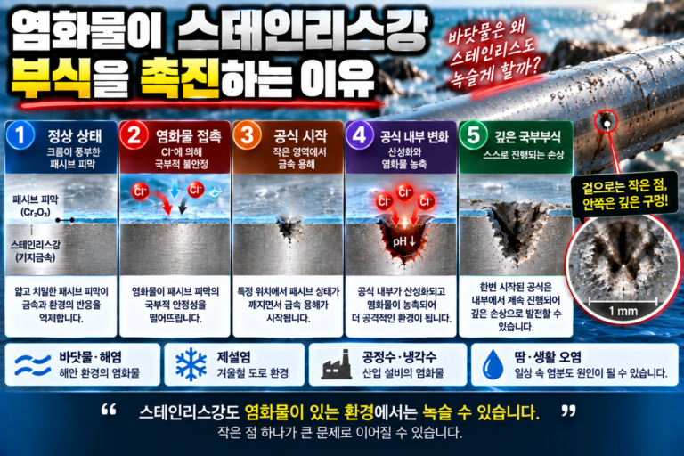 염화물이 스테인리스강 부식을 촉진하는 이유 | 공식부식이 시작되는 과정 8 염화물이 스테인리스강의 패시브 피막을 국부적으로 손상시켜 공식부식이 깊게 진행되는 과정을 표현한 이미지