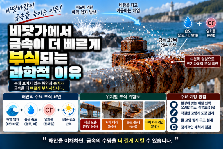 바닷가의 해염 입자와 높은 습도로 인해 금속 표면의 부식이 빠르게 진행되는 원리를 표현한 이미지