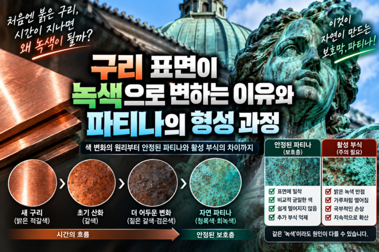 구리 표면이 녹색으로 변하는 이유와 파티나의 형성 과정 7 Copper surface turning green through natural patina formation caused by oxidation, moisture, and atmospheric exposure