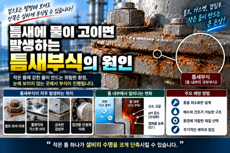 틈새에 물이 고이면 발생하는 틈새부식의 원인 | 발생 위치와 원리 1 볼트와 가스켓, 금속 겹침부의 좁은 틈에 물과 염화물이 고여 발생하는 틈새부식을 표현한 이미지