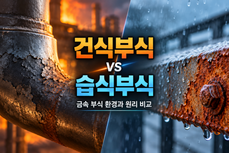 Comparison of dry corrosion and wet corrosion showing high-temperature oxidation and moisture-induced metal corrosion
