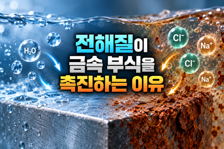 Electrolyte-driven metal corrosion showing water, ion movement, chloride, sodium, and rust formation