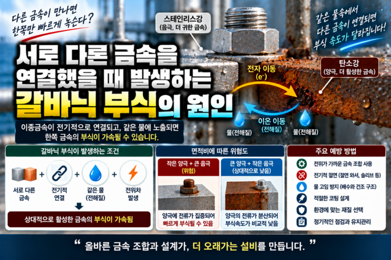 서로 다른 금속이 전기적으로 연결되고 전해질에 노출되어 한쪽 금속의 부식이 가속되는 갈바닉 부식을 표현한 이미지