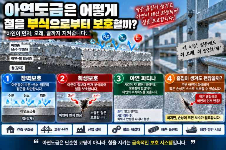 아연도금은 어떻게 철을 부식으로부터 보호할까? | 3가지 방식 원리 3 아연도금층이 철 표면을 덮고 장벽보호와 희생보호, 아연 파티나로 부식을 막는 원리를 표현한 이미지