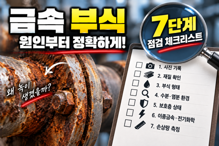 금속 부식을 발견했을 때 사진 기록부터 재질, 부식 형태, 수분과 염분 환경, 손상량까지 7단계로 점검하는 이미지
