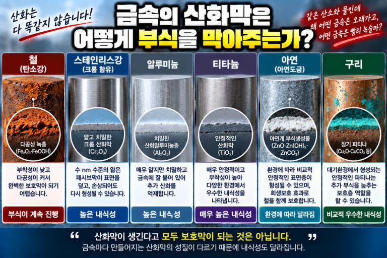 철, 스테인리스강, 알루미늄, 티타늄, 아연, 구리의 산화막과 부식 보호 특성을 비교한 이미지