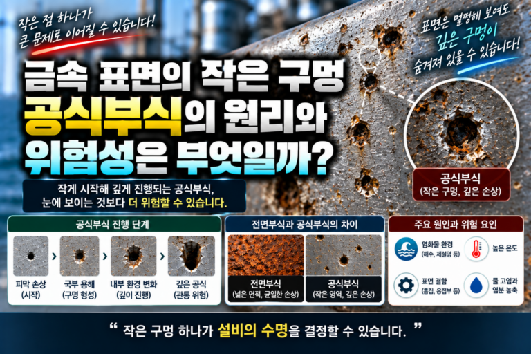 금속 표면의 작은 구멍이 깊어지는 공식부식의 원리 | 원인과 위험성 2 금속 표면의 작은 구멍이 깊게 진행되는 공식부식과 염화물에 의한 국부 손상을 표현한 이미지
