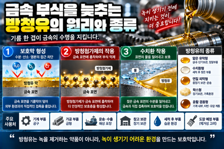 금속 부식을 늦추는 방청유의 원리와 종류 | 용도별 선택 방법 4 금속 표면에 방청유가 보호막을 형성하고 수분과 염분의 접촉을 줄여 부식을 늦추는 원리를 표현한 이미지