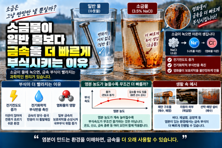 일반 물과 소금물에 담긴 금속을 비교해 염분과 전해질이 부식을 촉진하는 원리를 표현한 이미지