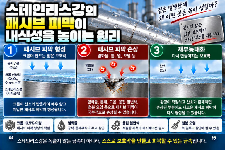 스테인리스강의 패시브 피막이 내식성을 높이는 원리 | 형성과 재부동태화 5 스테인리스강 표면의 패시브 피막이 형성되고 손상된 뒤 재부동태화되는 과정을 표현한 이미지