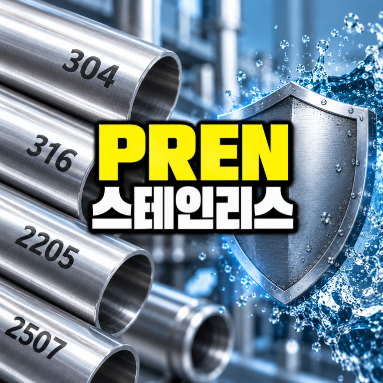 PREN 18·25·35·40이 뜻하는 것 | 304·316·2205·2507 비교 7 304·316·2205·2507 스테인리스강의 PREN 차이와 공식부식 저항성을 비교한 이미지