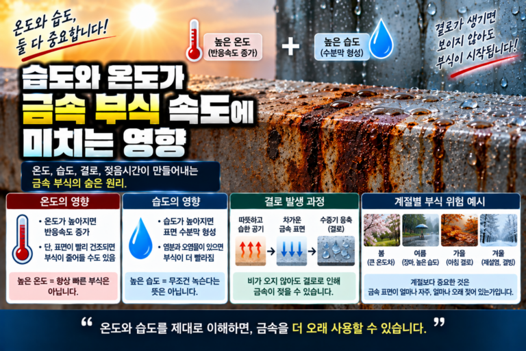 온도와 습도 변화로 금속 표면에 결로와 수분막이 형성되어 부식 속도가 달라지는 원리를 표현한 이미지
