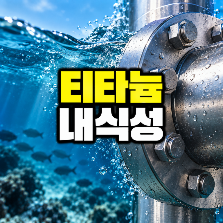 티타늄이 바닷물에서도 잘 부식되지 않는 이유 | 산화피막과 해수 내식성 9 티타늄 배관이 바닷물과 염화물 환경에서도 높은 내식성을 유지하는 특징을 표현한 이미지