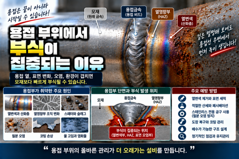 용접 부위의 열변색과 열영향부에서 부식이 집중되는 원인을 표현한 이미지