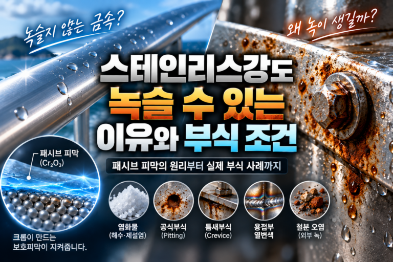 스테인리스강도 녹슬 수 있는 이유와 부식 조건 | 패시브 피막의 원리 9 Stainless steel corrosion showing passive film breakdown, chloride attack, pitting, crevice corrosion, and localized rust