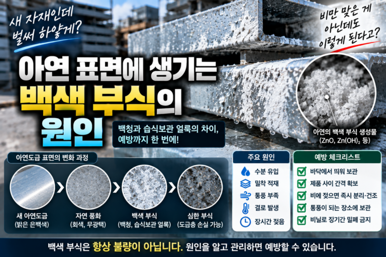 아연 표면에 생기는 백색 부식의 원인 6 Zinc white corrosion on galvanized steel caused by trapped moisture, poor ventilation, and wet storage conditions