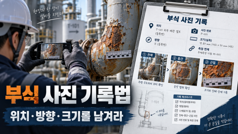 한 장의 녹 사진보다 중요한 것 — 위치·방향·크기를 남기는 현장 부식 기록법 2 부식된 배관을 촬영하며 위치·방향·크기와 측정 정보를 기록하는 현장 부식 사진 점검 이미지