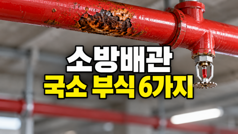 소방배관 현장 점검에서 확인되는 국소 부식과 스프링클러 배관 부식 상태를 보여주는 이미지