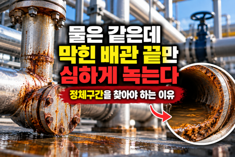 같은 물이 흐르는 배관에서도 막힌 분기 끝과 정체구간에서 부식이 심해질 수 있음을 보여주는 이미지