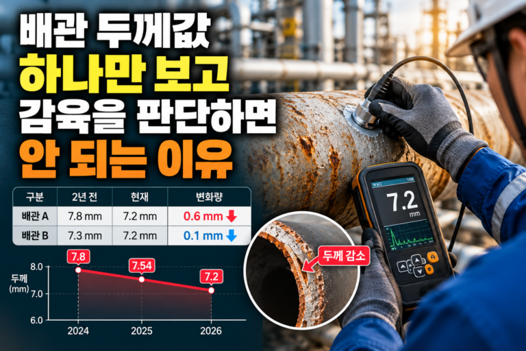 배관 두께값 하나만 보고 감육을 판단하면 안 되는 이유 7 배관 UT 두께측정에서 현재 두께값과 과거 측정값을 비교해 감육 추세를 확인하는 이미지