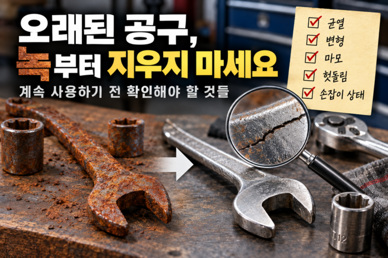 오래된 공구의 녹부터 제거하지 말 것, 계속 사용하기 전 확인 기준 1 녹슨 스패너와 소켓, 라쳇의 균열·변형·마모를 확인하는 수공구 점검 이미지