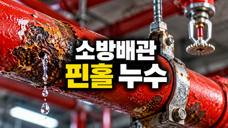 부식된 소방배관에서 핀홀 누수가 발생한 모습을 보여주는 이미지