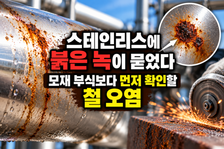 스테인리스에 붉은 녹이 묻었다: 모재 부식보다 먼저 확인할 철 오염 1 스테인리스 표면의 붉은 녹이 모재 부식인지 외부 철 오염인지 확인하는 대표 이미지