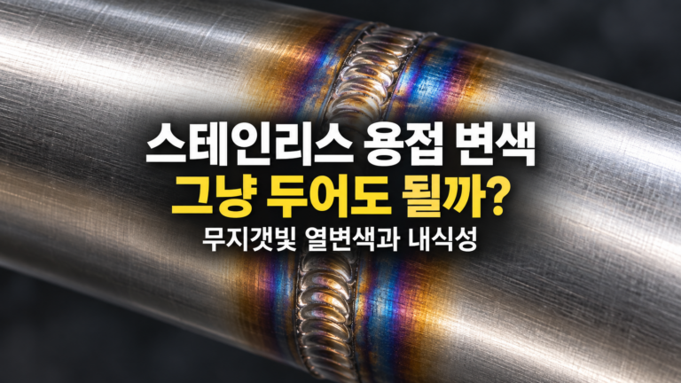 스테인리스 용접부 옆의 무지갯빛 변색, 그냥 두어도 될까? 1 스테인리스 배관 용접부 주변에 노란색·보라색·파란색 열변색이 나타난 모습을 표현한 이미지