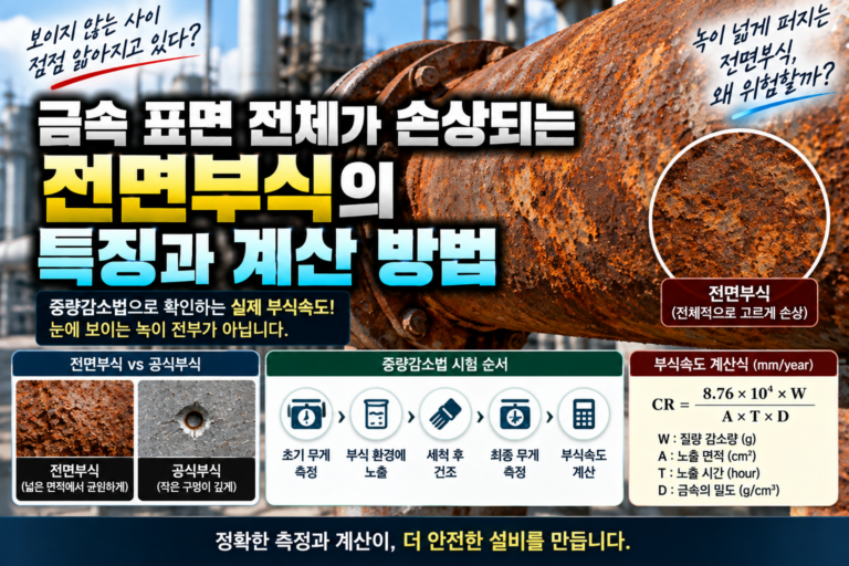 금속 표면 전체에 넓게 진행되는 전면부식과 두께 감소, 중량감소법을 표현한 이미지