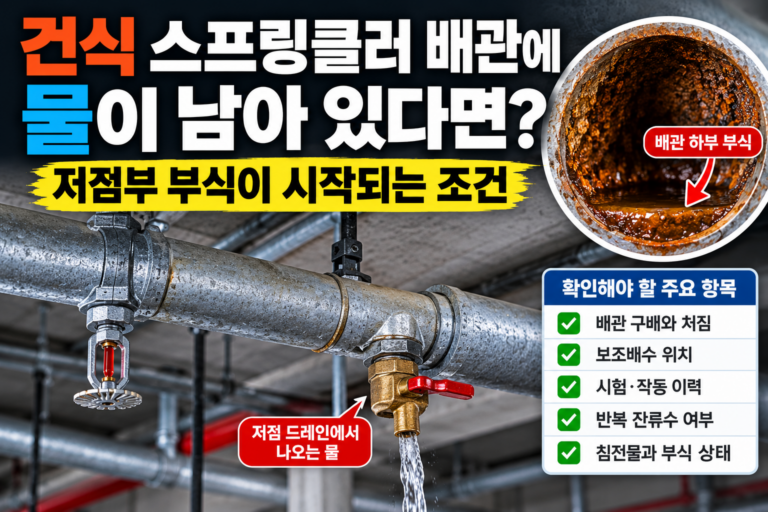 건식 스프링클러 배관 저점에 잔류수가 남아 하부 부식이 진행될 수 있는 상태를 보여주는 이미지