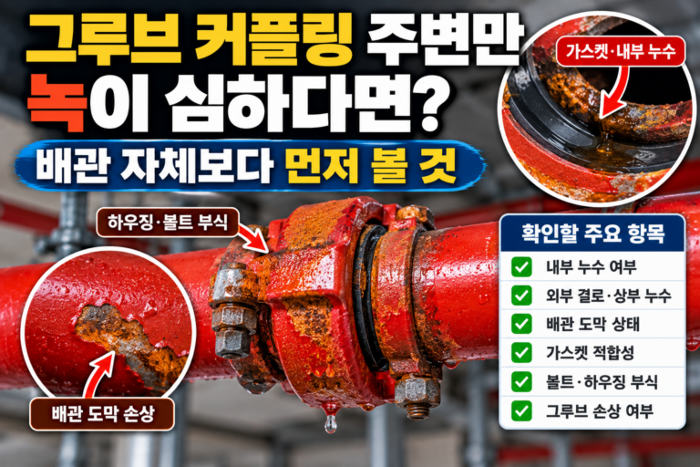 소방배관 그루브 커플링 주변의 녹과 누수 흔적, 도막 손상과 볼트 부식을 보여주는 이미지