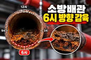 소방배관 단면의 6시 방향에 집중된 감육과 침전물, 국부 부식을 보여주는 이미지