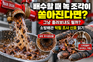 소방배관 배수 중 녹 조각과 이물질이 쏟아지고 배관 내부 막힘 가능성을 확인하는 이미지