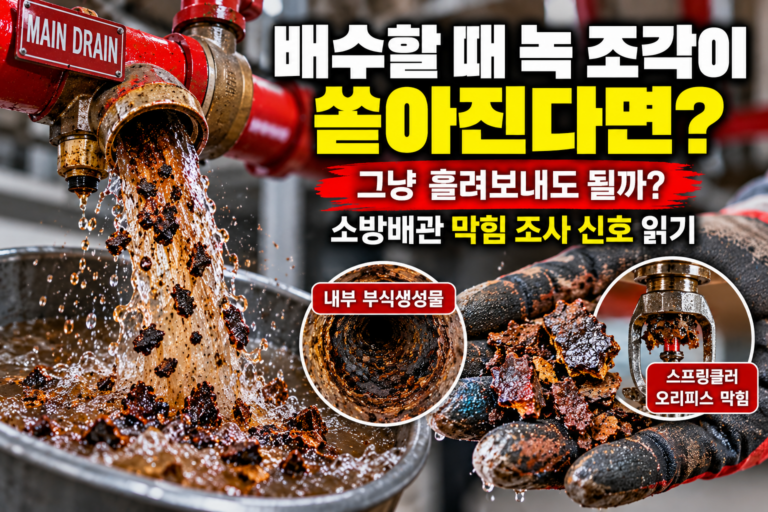 소방배관 배수 중 녹 조각과 이물질이 쏟아지고 배관 내부 막힘 가능성을 확인하는 이미지