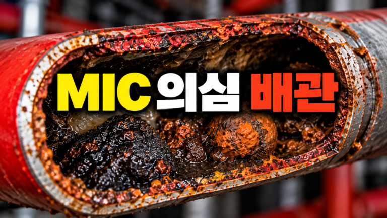 소방배관 내부의 검은 침전물과 부식생성물을 통해 MIC 의심 상태를 보여주는 이미지