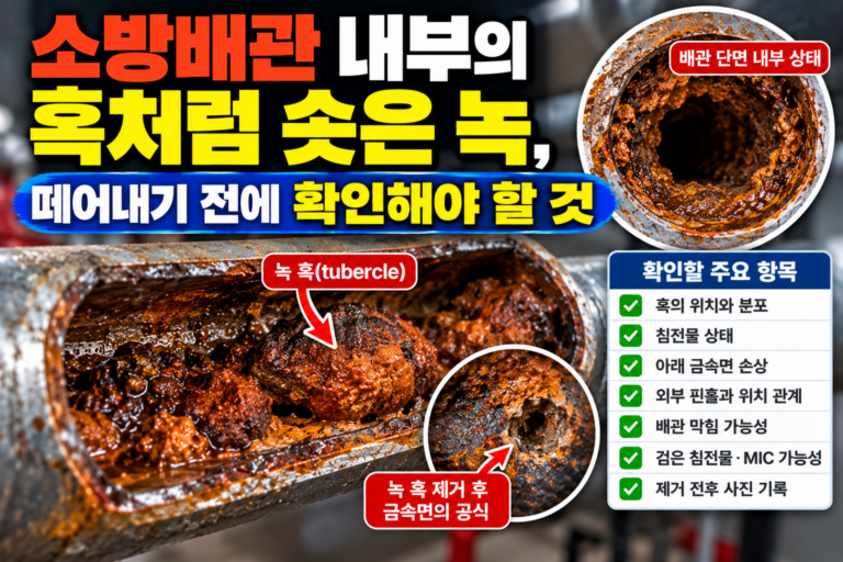 소방배관 내부에 혹처럼 솟은 부식생성물과 제거 후 드러난 공식 손상을 보여주는 이미지