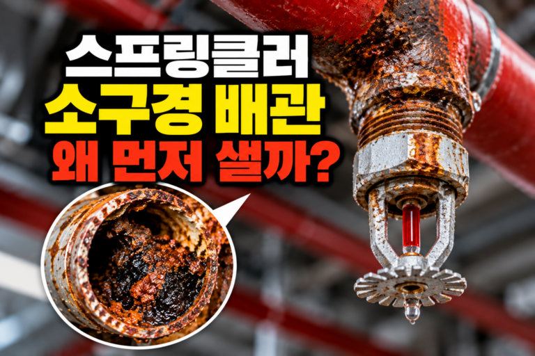 스프링클러 헤드 가까운 소구경 가지배관의 부식과 누수, 내부 침전물 상태를 보여주는 이미지