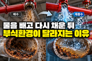 습식 스프링클러 배관의 배수와 재충수 과정에서 새로운 물과 산소가 유입되는 상태를 보여주는 이미지