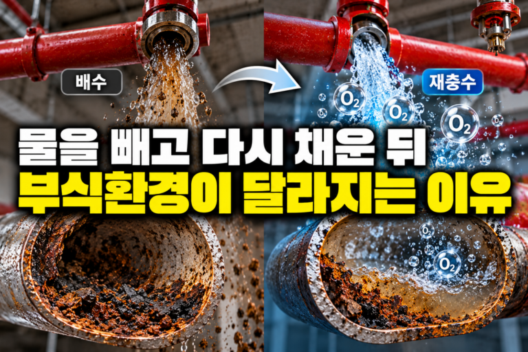 습식 스프링클러 배관의 배수와 재충수 과정에서 새로운 물과 산소가 유입되는 상태를 보여주는 이미지