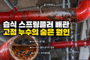 습식 스프링클러 배관 고점에 공기주머니가 갇혀 부식과 누수가 발생하는 상태를 보여주는 이미지