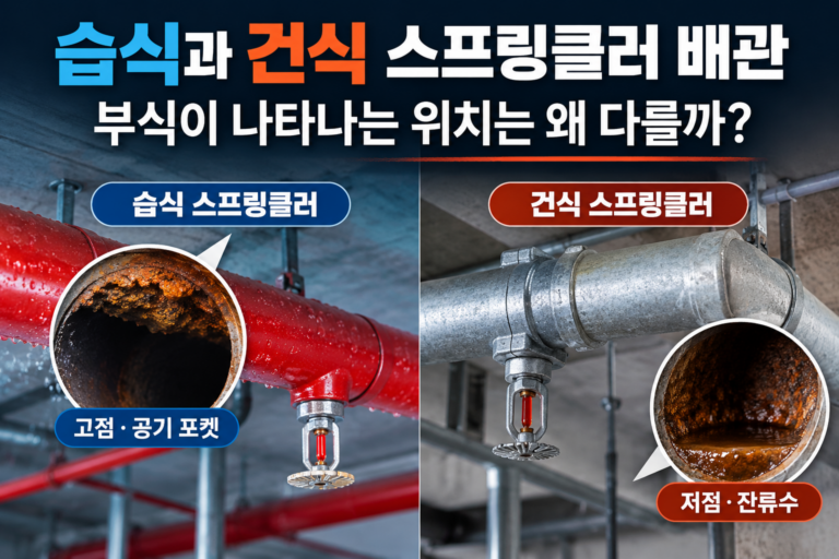 습식과 건식 스프링클러 배관의 부식 위치 차이를 고점 공기 포켓과 저점 잔류수로 비교한 이미지